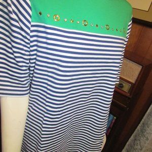 Quacker Factory Blue and Kelly Green Ladies Blouse Size XL